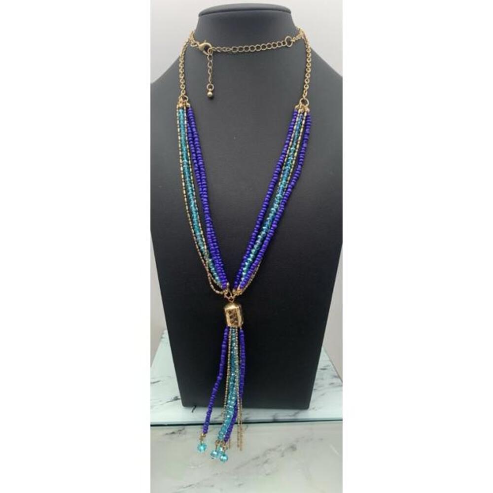 Gold Tone And Royal Blue Seed Beads W Aqua AB Blue Crystal Beaded Necklace 26”